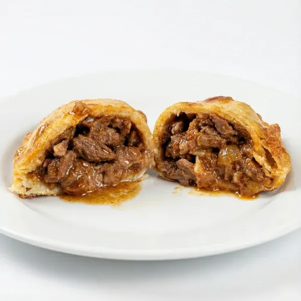 Empanada de carne cortada a cuchillo, abierta al medio